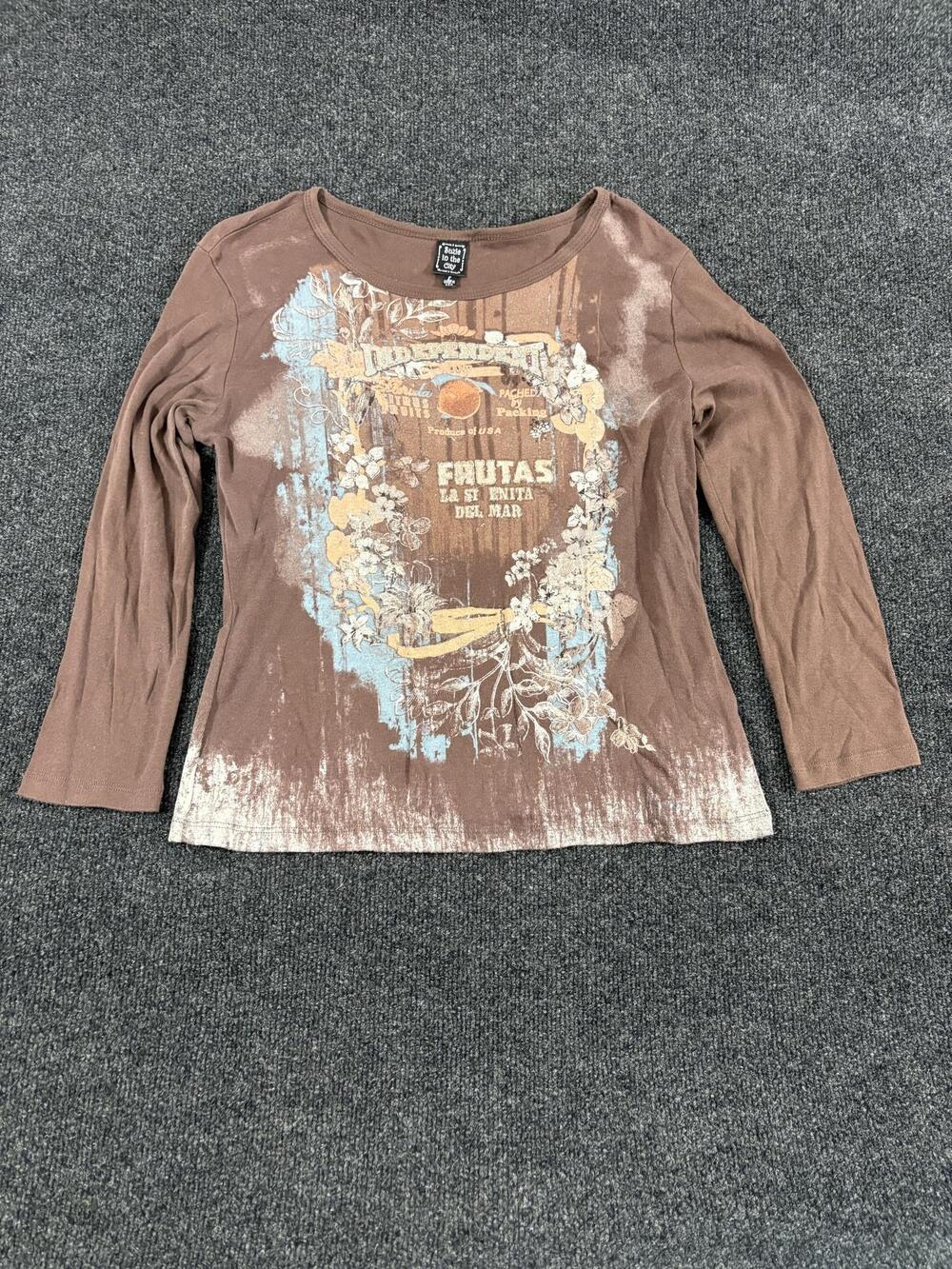 Suzie In The City Shirt Womens L Brown Floral Graphic Scoop 3/4 Sleeve Top